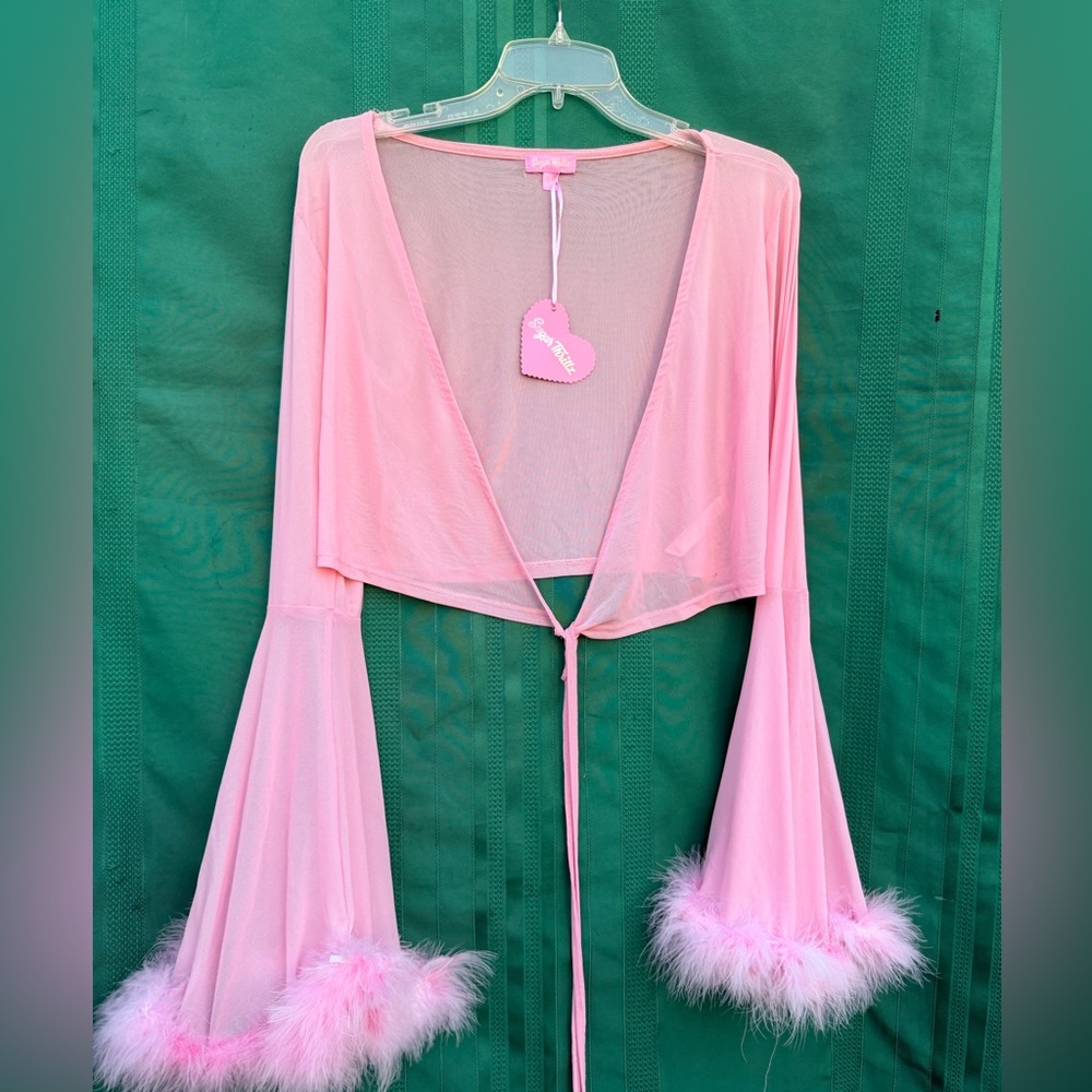 Sugar thrillz sheer pink top with fur cuffs